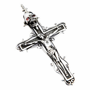 Skull Crucifix Sterling Silver Pendant with Garnet Eyes, angled skull cross