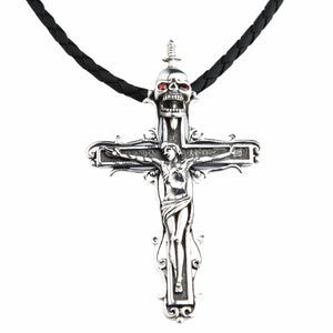 Skull Crucifix Sterling Silver Pendant with Garnet Eyes, front skull crucifix