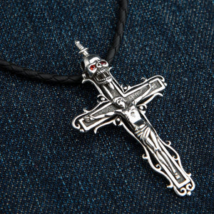 Skull Crucifix Sterling Silver Pendant with Garnet Eyes, garnet skull detail