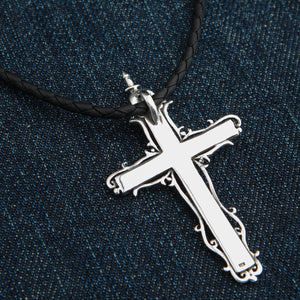 Skull Crucifix Sterling Silver Pendant with Garnet Eyes, polished reverse