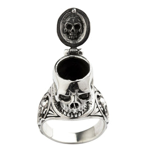 Sterling Silver Skull Locket Ring. Open lid front.