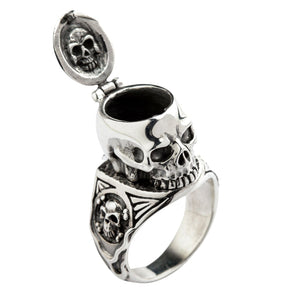Sterling Silver Skull Locket Ring. Open lid oblique.