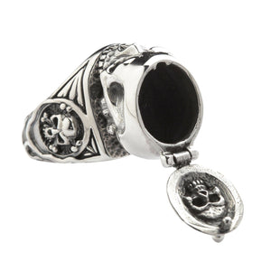 Sterling Silver Skull Locket Ring. Round cavity detail.