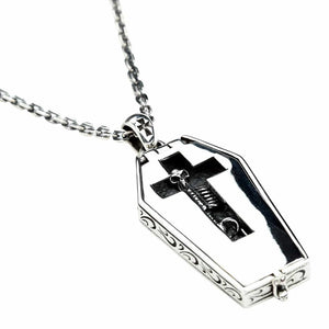 Skeleton Window Coffin Sterling Silver Locket shown in closed coffin diagonal view.