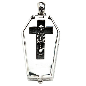 Skeleton Window Coffin Sterling Silver Locket shown in closed cross window front view.