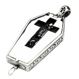 Skeleton Window Coffin Sterling Silver Locket shown in coffin closed oblique view.