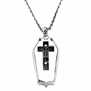 Skeleton Window Coffin Sterling Silver Locket shown in hanging closed coffin view.