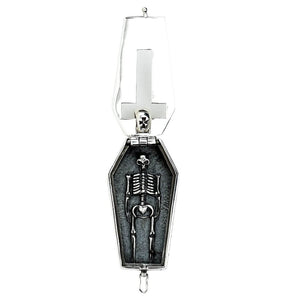 Skeleton Window Coffin Sterling Silver Locket shown in open lid skeleton view.