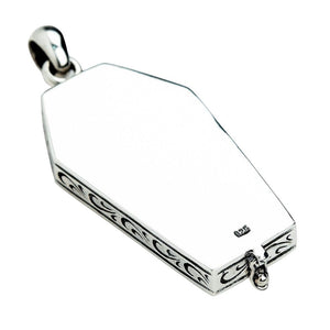 Skeleton Window Coffin Sterling Silver Locket shown in smooth coffin reverse view.
