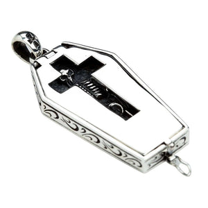 Skeleton Window Coffin Sterling Silver Locket shown in window side profile view.