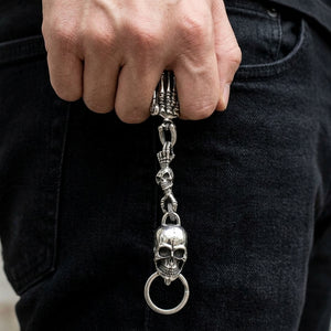 Skeleton Hand Skull Sterling Silver Keychain, held at the waist