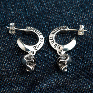 Skull Blood Sterling Silver Hoop Drop Earrings, skull blood lettering detail