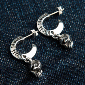 Skull Blood Sterling Silver Hoop Drop Earrings, skull hoops front on denim