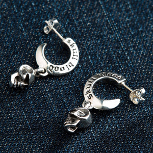 Skull Blood Sterling Silver Hoop Drop Earrings, skull hoops side on denim