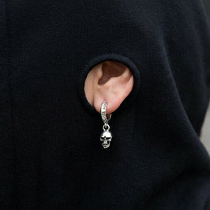 Skull Blood Sterling Silver Hoop Drop Earrings, worn ear detail