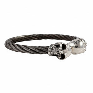 Skull Cable Cuff Bracelet in Silver and Steel, skull cuff diagonal