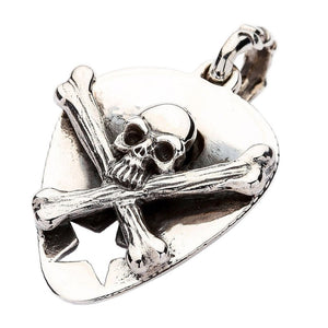 Skull Crossbones Guitar Pick Holder Pendant, angled view of 925 sterling silver skull and crossbones guitar pick holder penda