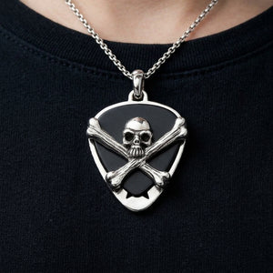 Skull and Crossbones Sterling Silver Guitar Pick Holder with black pick inserted inside