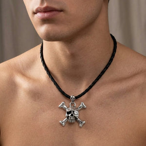 Clear Eye Skull and Crossbones Silver Necklace, worn on an adult model