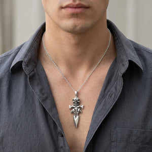 Skull Bone Dagger Sterling Silver Pendant, worn on the neck with collarbones, shoulders and upper chest visible