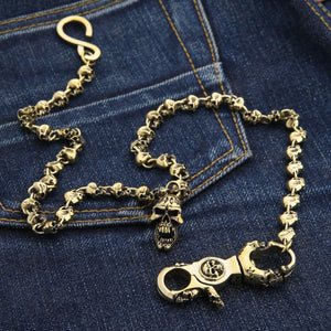 Catena da portafoglio in ottone Skull-Link, catena completa a maglie a teschio e gancio a S su denim