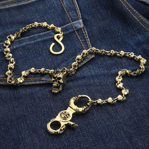 Catena da portafoglio in ottone Skull-Link, catena a maglie a teschio con grande chiusura a destra su denim