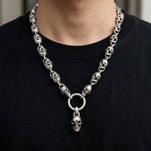 Skull Link Sterling Silver Necklace, worn at the neckline