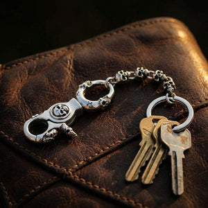 Skull Link Sterling Silver Keychain, key ring on leather