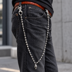 Skull-Link Sterling Silver Wallet Chain worn with dark denim