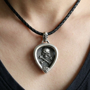 Skull Guitar Pick Holder Leather Necklace, worn at the neckline