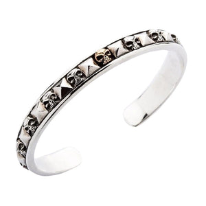 Skull and Pyramid Sterling Silver Cuff Bracelet. Skull stud left arc.