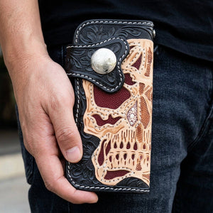 Skull Rider Stingray Inlay Leather Wallet, held in hand
