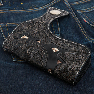 Portafoglio biker lungo in pelle con teschio, razza e cobra, retro su denim