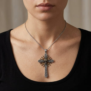 Skull Sunburst Gothic Sterling Silver Cross Pendant worn at the neckline