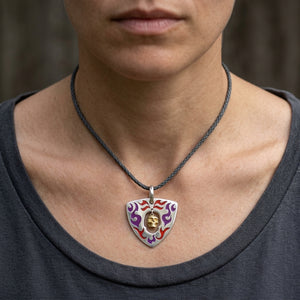 Gold Skull Tattoo Guitar Pick Sterling Silver Pendant worn by model