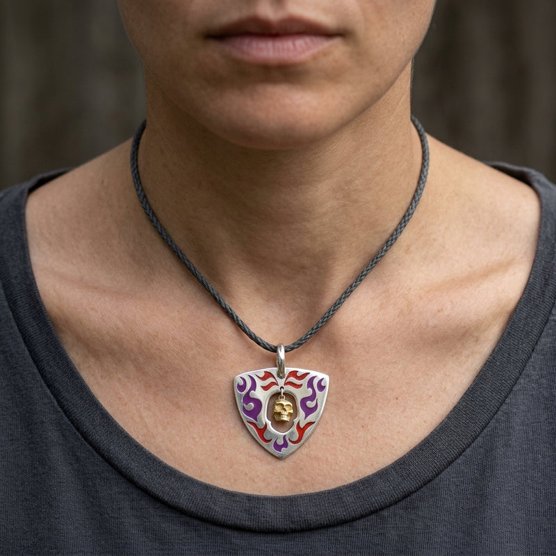 Gold Skull Tattoo Guitar Pick Sterling Silver Pendant