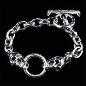 Kedjearmband i 925 sterlingsilver med dödskalle och stavlås, stängt silverkedjearmband med dödskalleögla och benformad stav