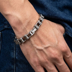 Small Bike Chain Sterling Silver Bracelet worn around an adult wrist