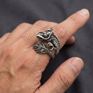 Small Red Eye Dragon Sterling Silver Wrap Ring, worn on an adult hand