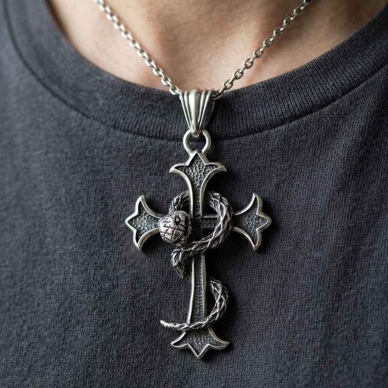 Snake Gothic Cross Sterling Silver Pendant