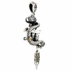 Snake and Skull Tattoo Machine Silver Pendant shown in guadalupe panel angle view.