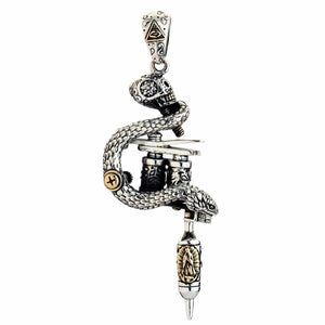Snake and Skull Tattoo Machine Silver Pendant shown in snake front angle view.