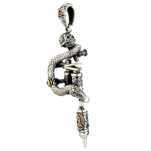 Snake and Skull Tattoo Machine Silver Pendant shown in tattoo machine front view.