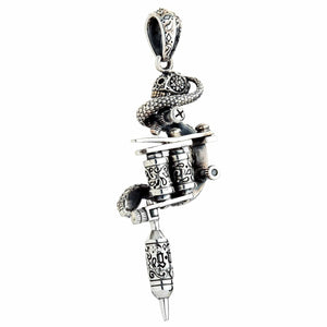 Snake and Skull Tattoo Machine Silver Pendant shown in twin coils rear view.