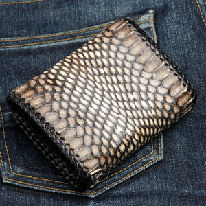 Back of the closed snake leather trifold showing the natural scale pattern.