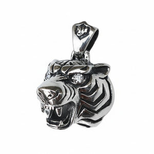 Clear CZ Tiger Head Sterling Silver Pendant shown in muzzle three quarter view.