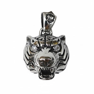 Clear CZ Tiger Head Sterling Silver Pendant shown in snarling face front view.