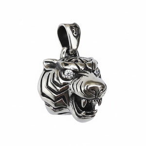 Clear CZ Tiger Head Sterling Silver Pendant shown in tiger head side view.