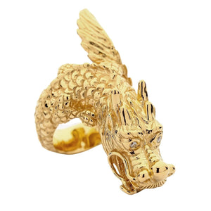 Solid 14k gold dragon ring with diamond eyes — dragon head detail