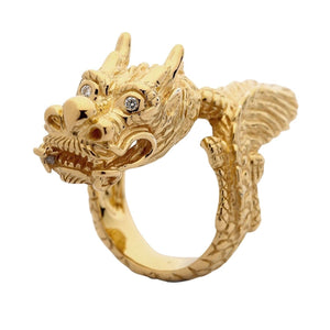 Solid 14k gold dragon ring with diamond eyes — front view